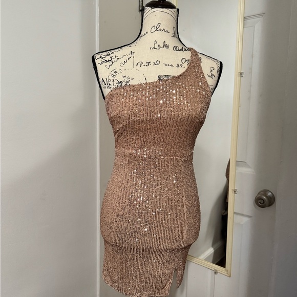 Hello Molly One-Shoulder Sequin Dress in Bronze - Picture 1 of 4